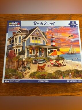 White Mountain Blue Victorian Beach House Puzzle with Sunset Hues